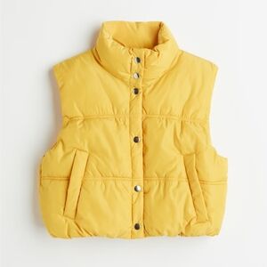 Yellow Cropped Snap Button High Neck Puffer Vest Sz Medium